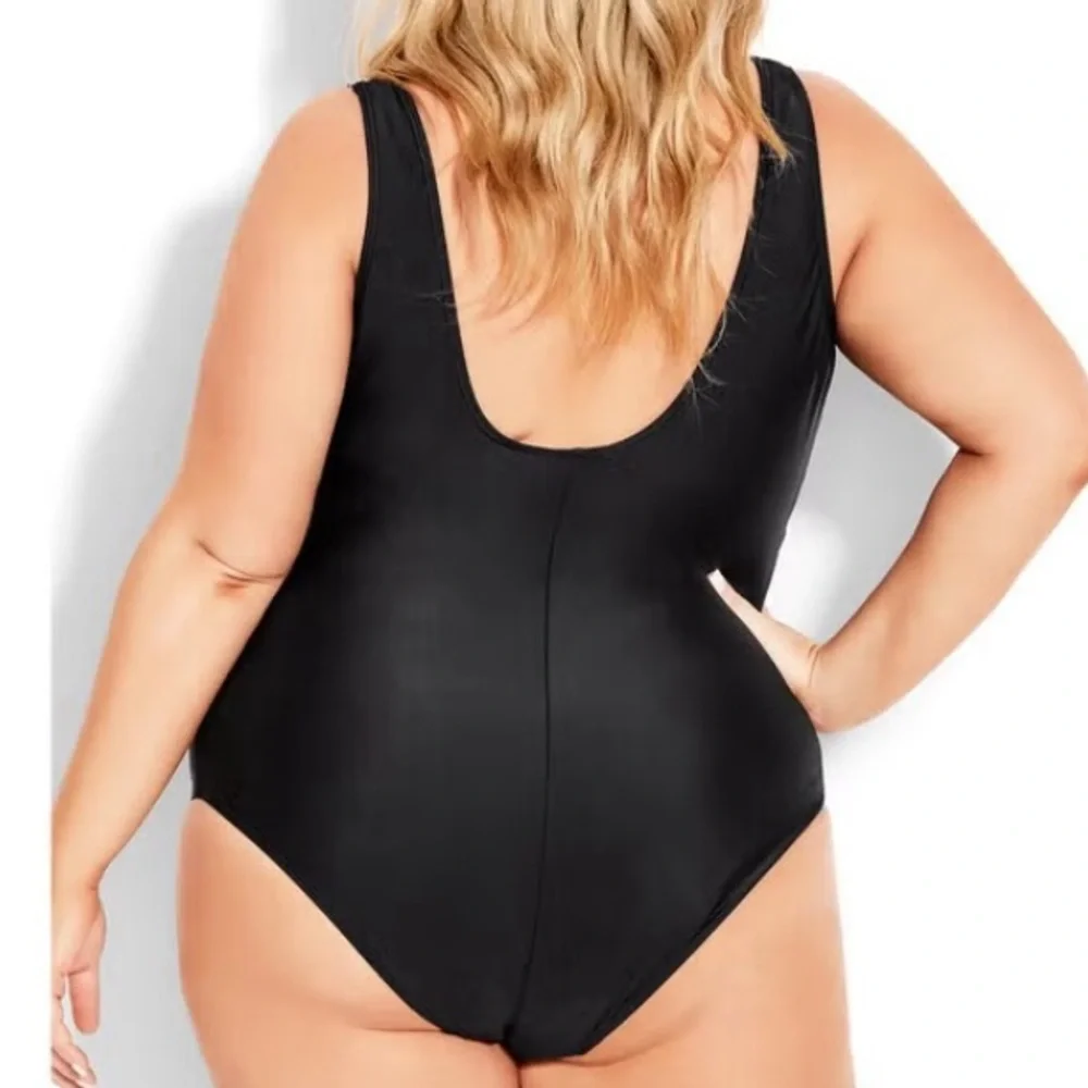 Avenue Black and White One Piece Swimsuit with Spliced IKAT Print Plus Size 20 - Picture 4 of 6